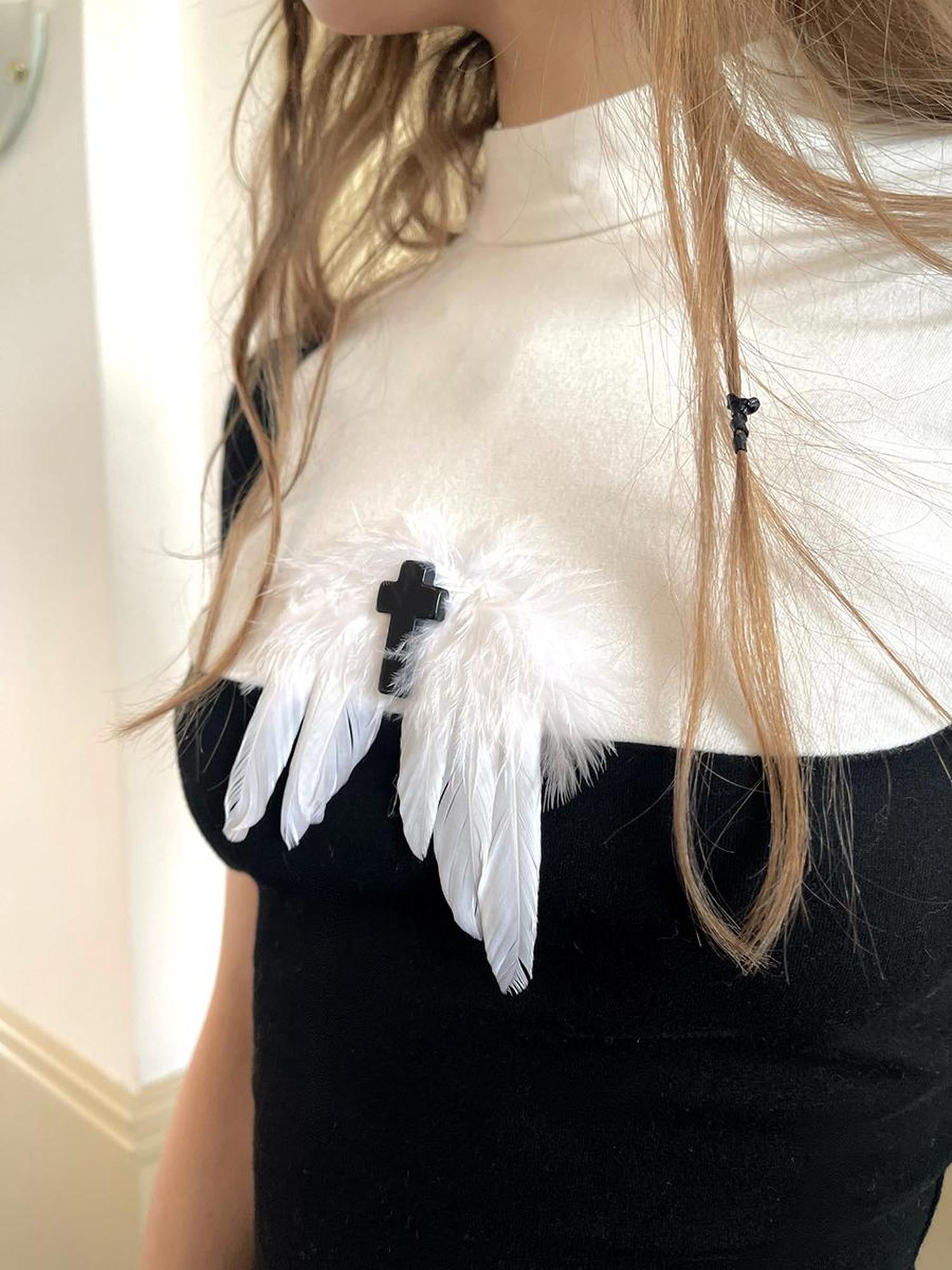 Daytoday Angel Tears Feather Cross Dark Graphic Cotton T-Shirt