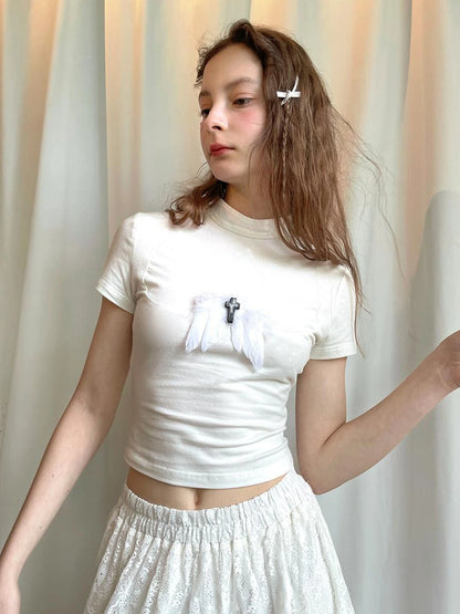 Angel Tears Feather Cross Dark Graphic Cotton T-Shirt