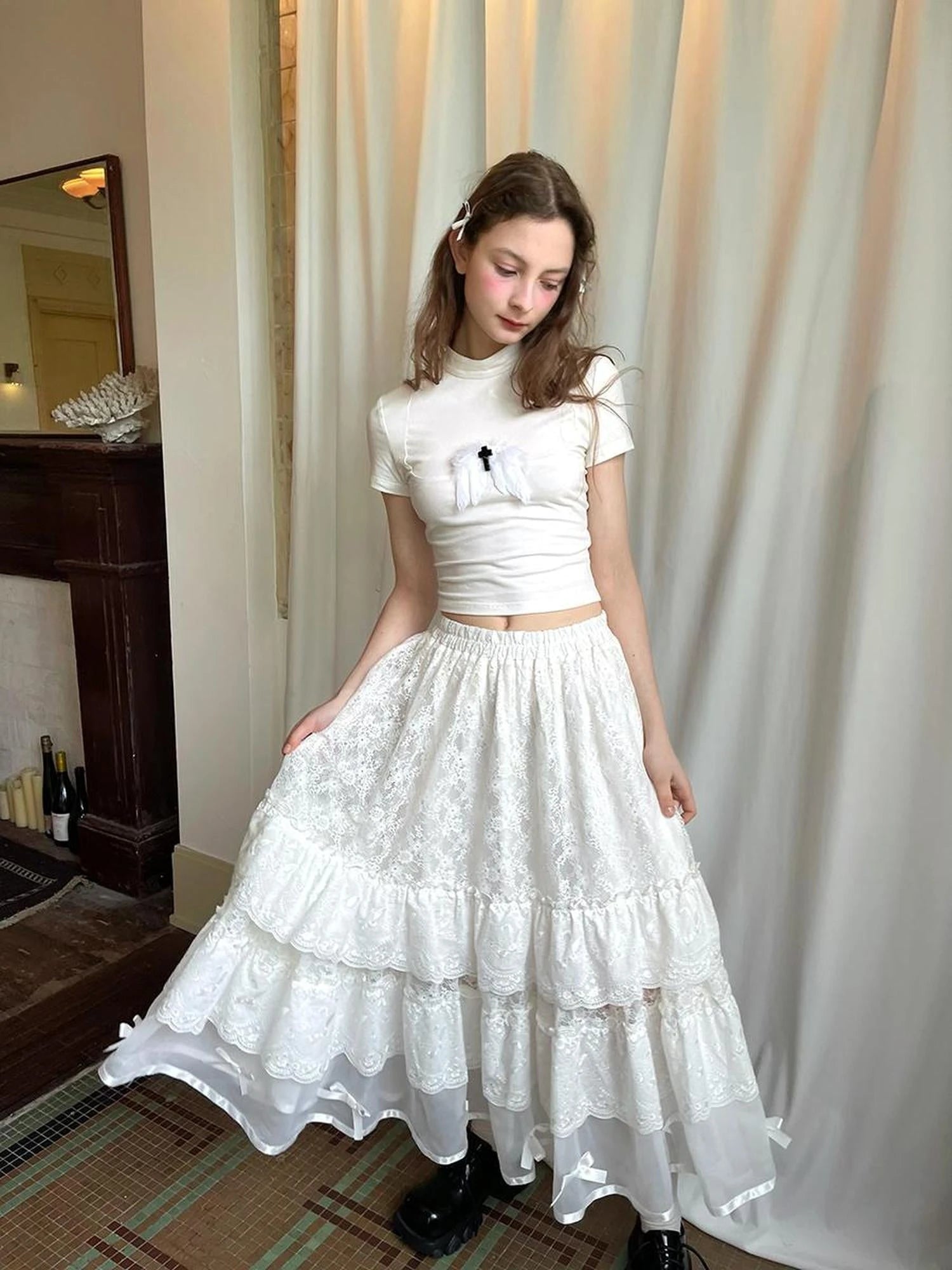 Angel Tears Feather Cross Dark Graphic Cotton T-Shirt