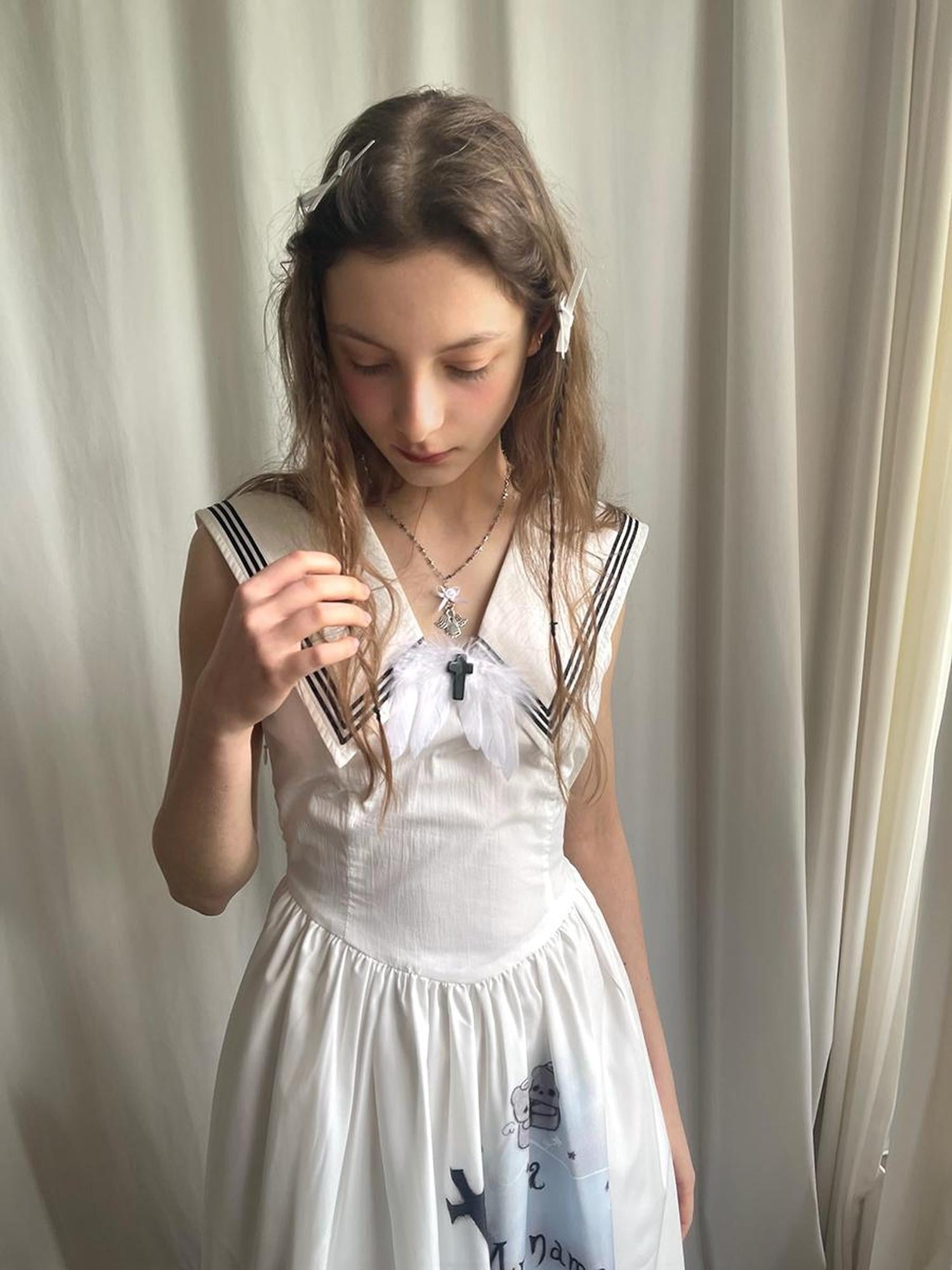 Daytoday Angel Tears Feather Cross Sleeveless V Neck Dress