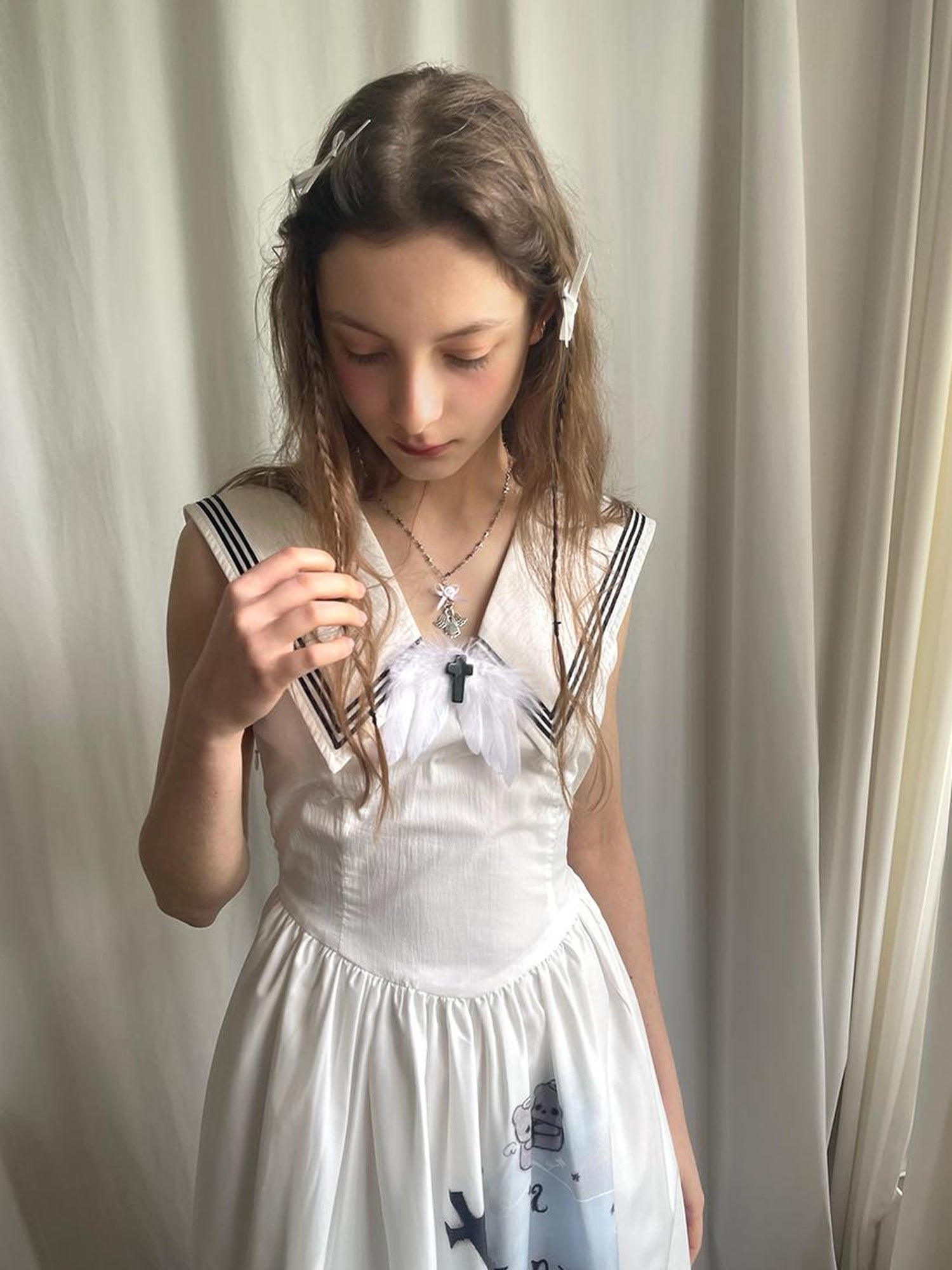 Daytoday Angel Tears Feather Cross Sleeveless V Neck Dress