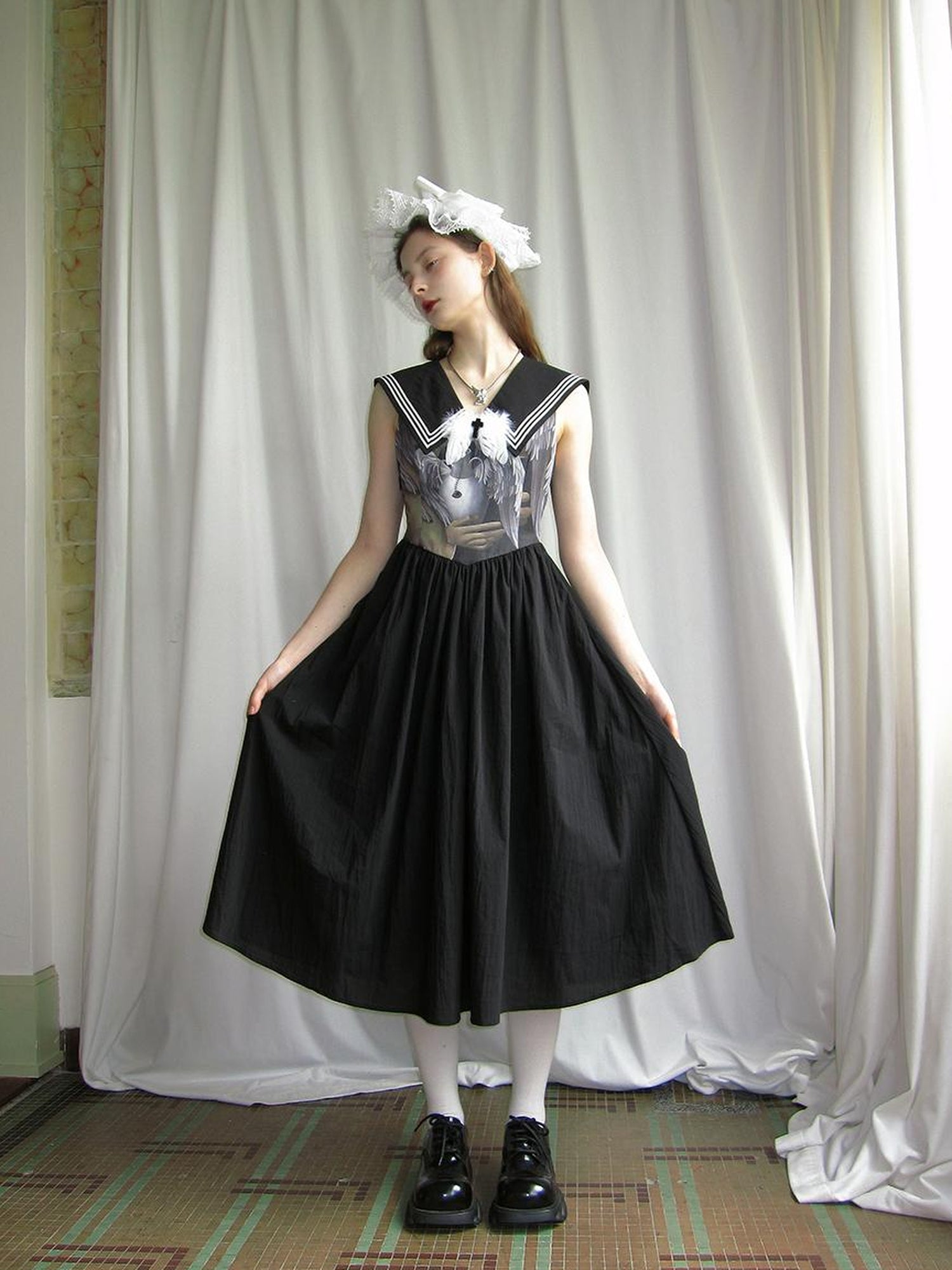 Daytoday Angel Tears Feather Cross Sleeveless V Neck Dress