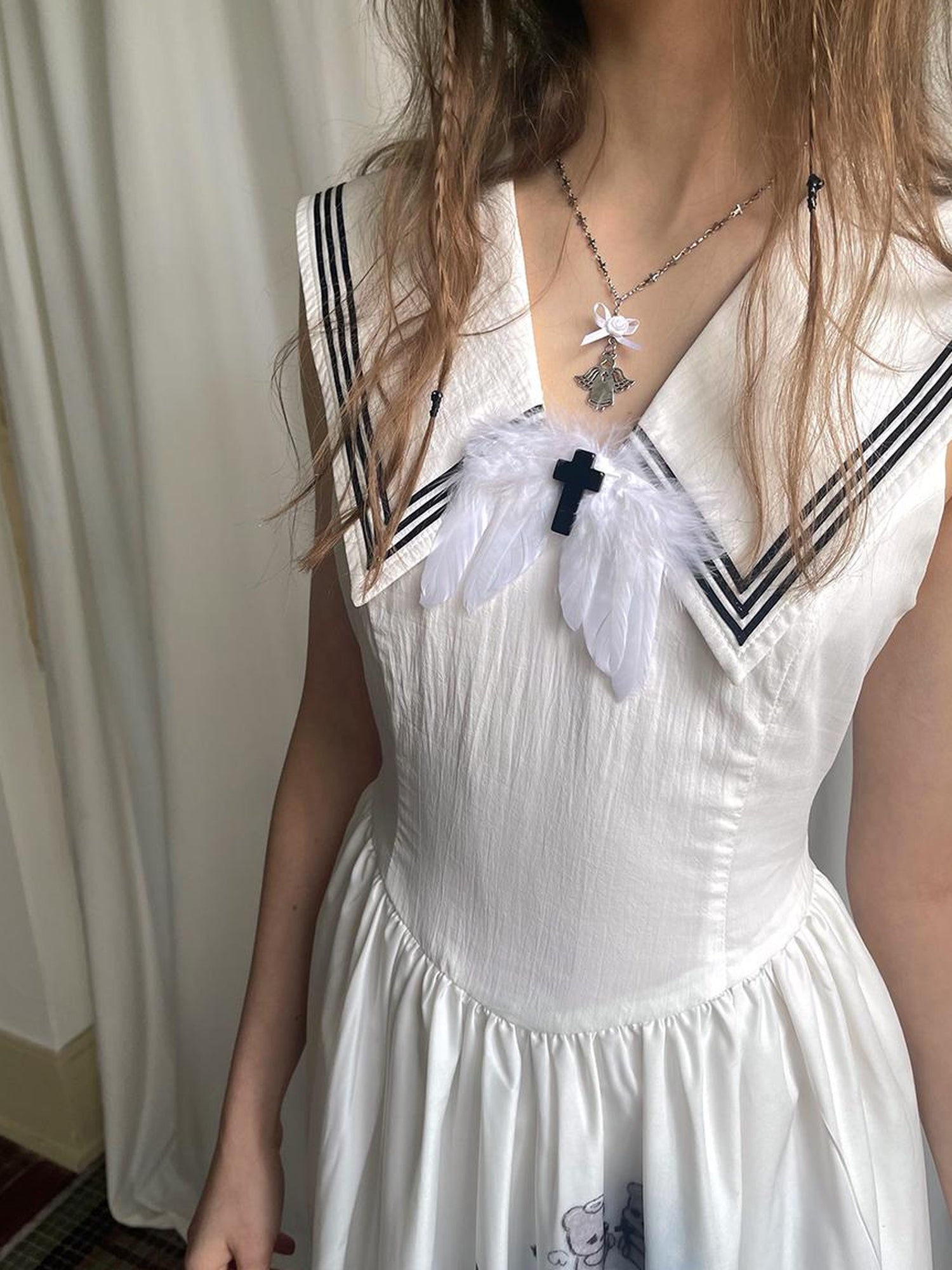 Daytoday Angel Tears Feather Cross Sleeveless V Neck Dress