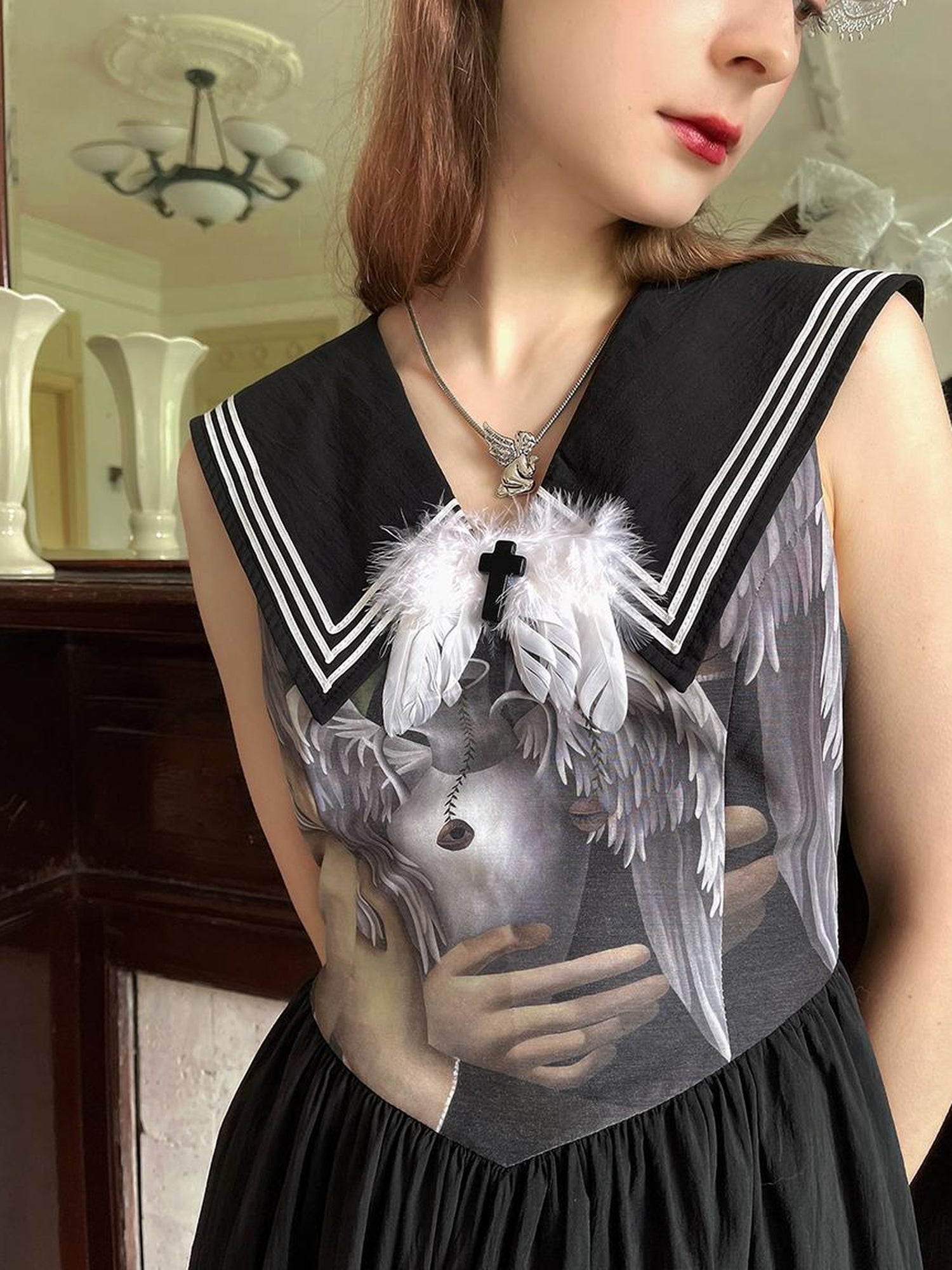 Daytoday Angel Tears Feather Cross Sleeveless V Neck Dress
