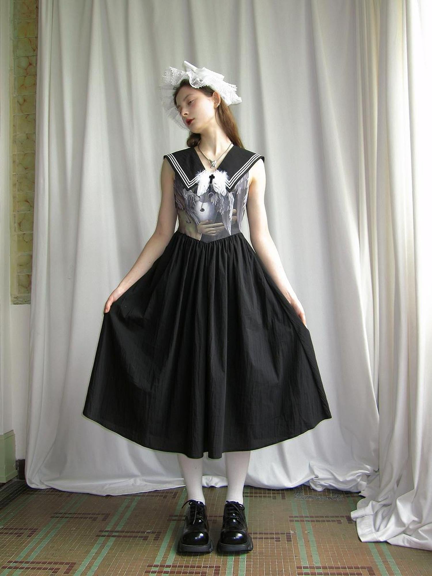 Daytoday Angel Tears Feather Cross Sleeveless V Neck Dress