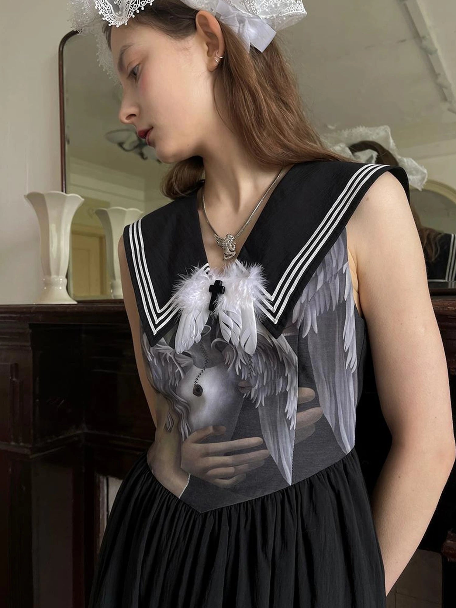 Angel Tears Feather Cross Sleeveless V Neck Dress