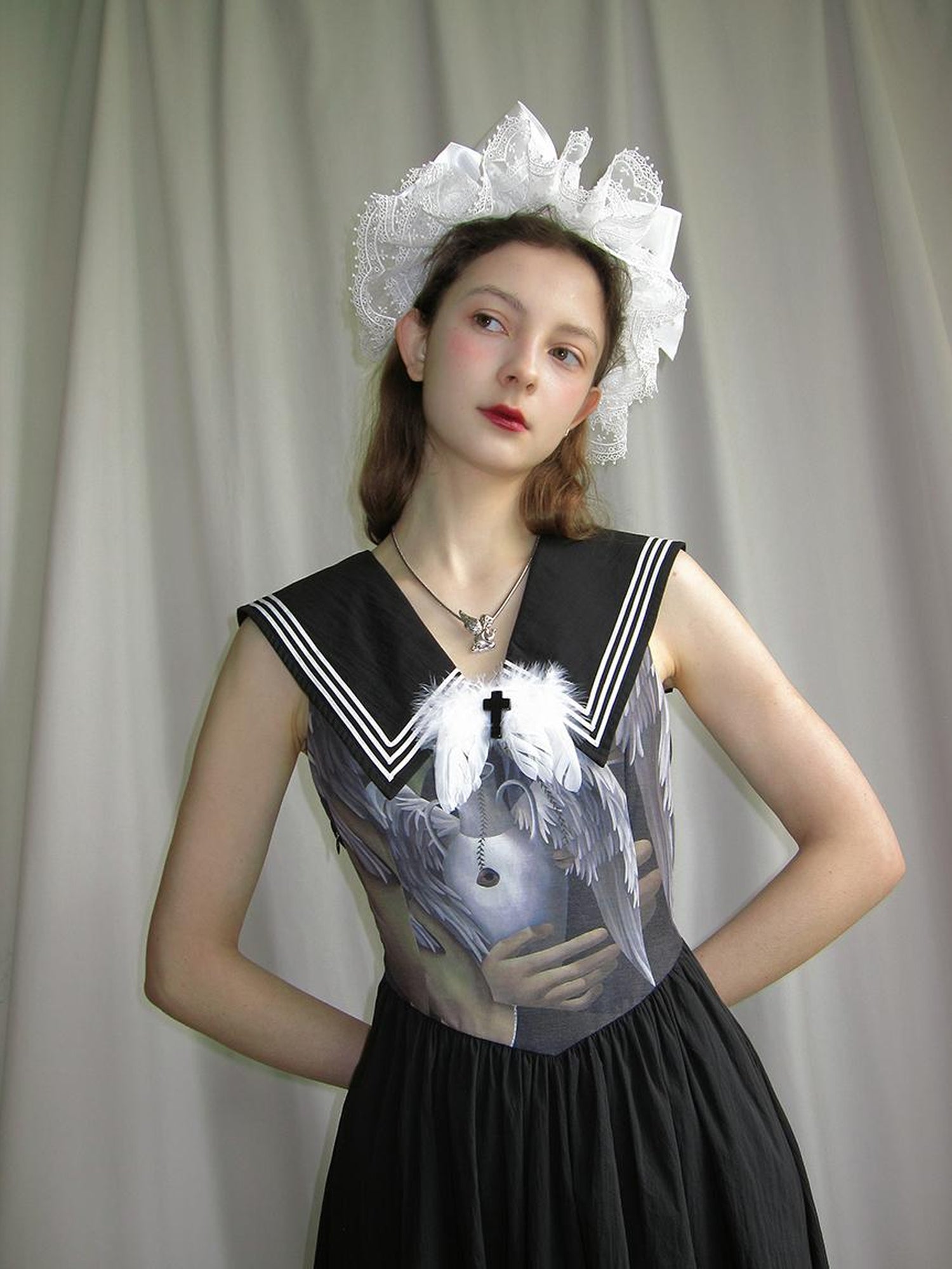 Daytoday Angel Tears Feather Cross Sleeveless V Neck Dress