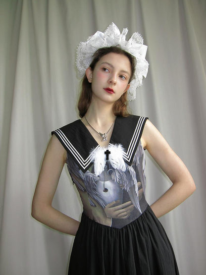 Daytoday Angel Tears Feather Cross Sleeveless V Neck Dress