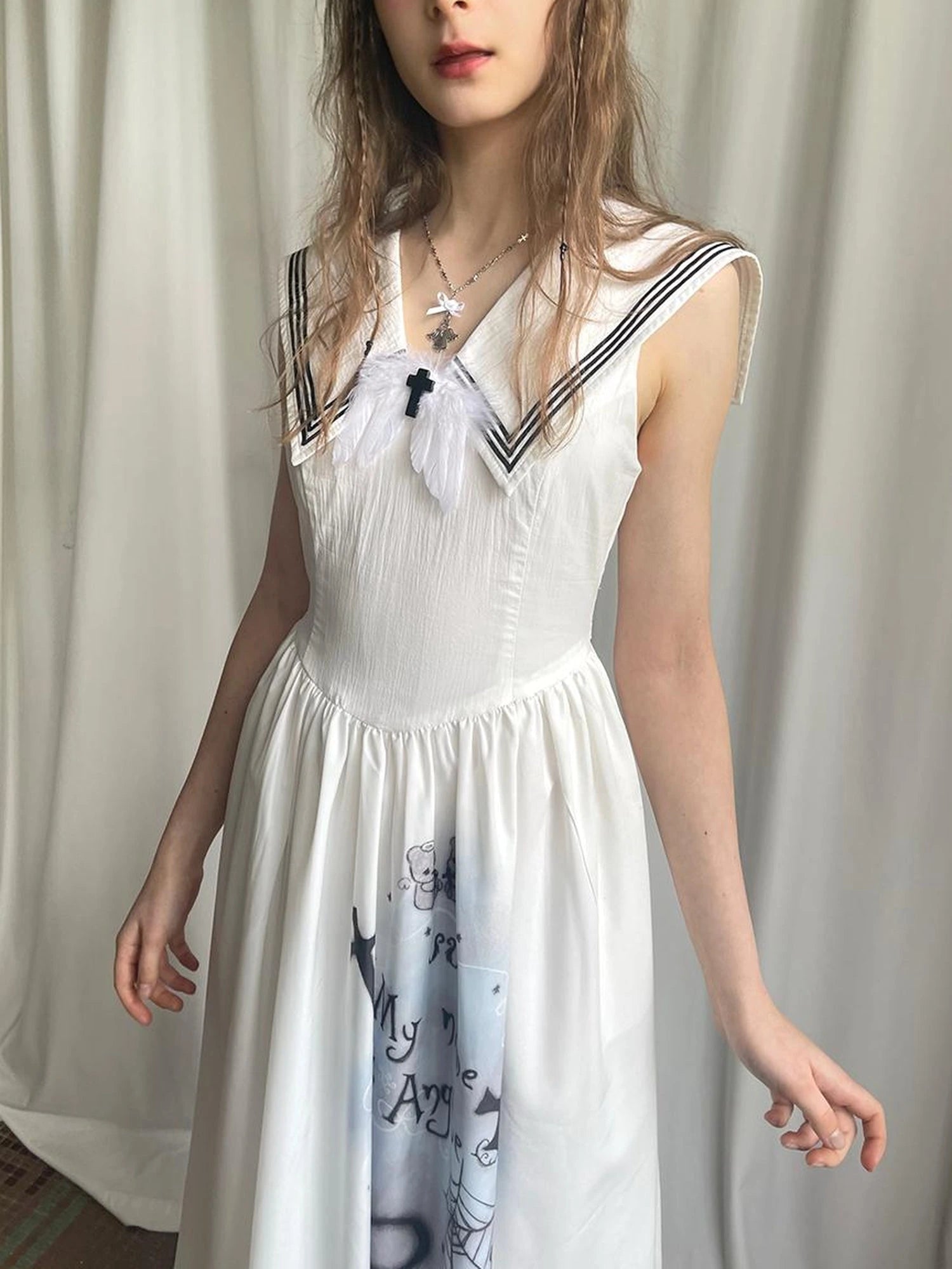 Angel Tears Feather Cross Sleeveless V Neck Dress