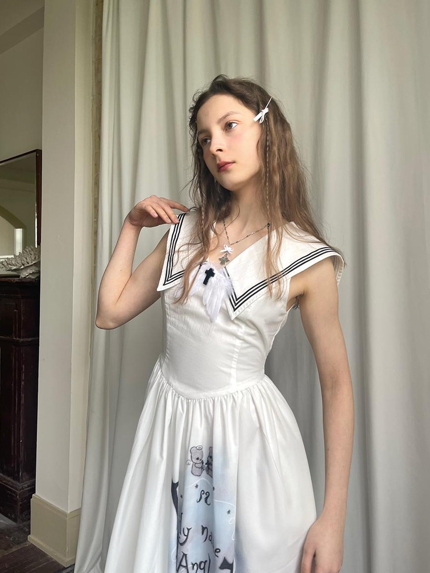 Daytoday Angel Tears Feather Cross Sleeveless V Neck Dress