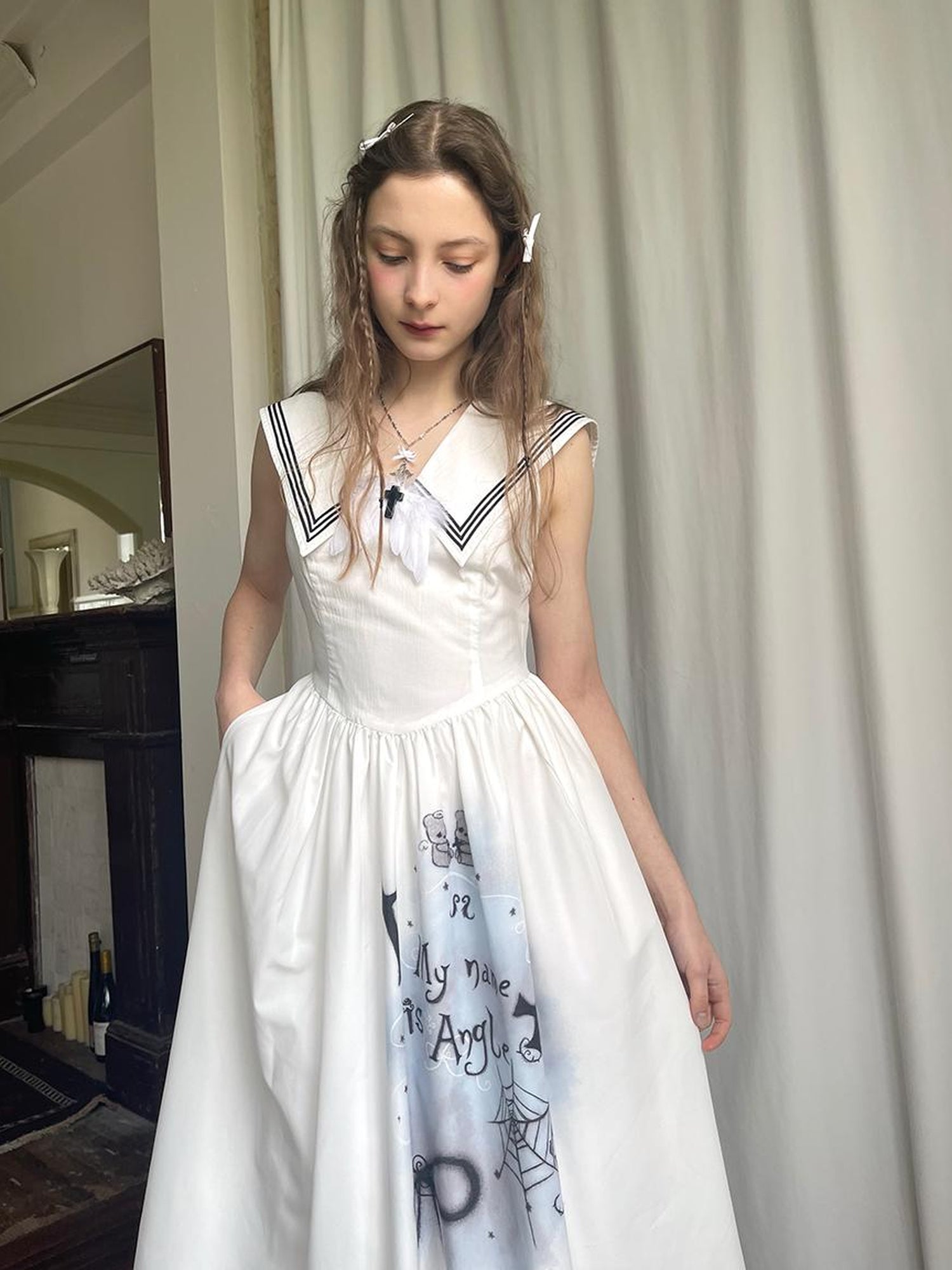 Daytoday Angel Tears Feather Cross Sleeveless V Neck Dress