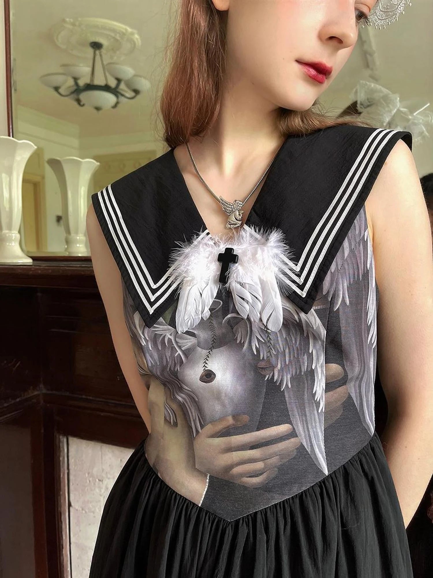 Angel Tears Feather Cross Sleeveless V Neck Dress