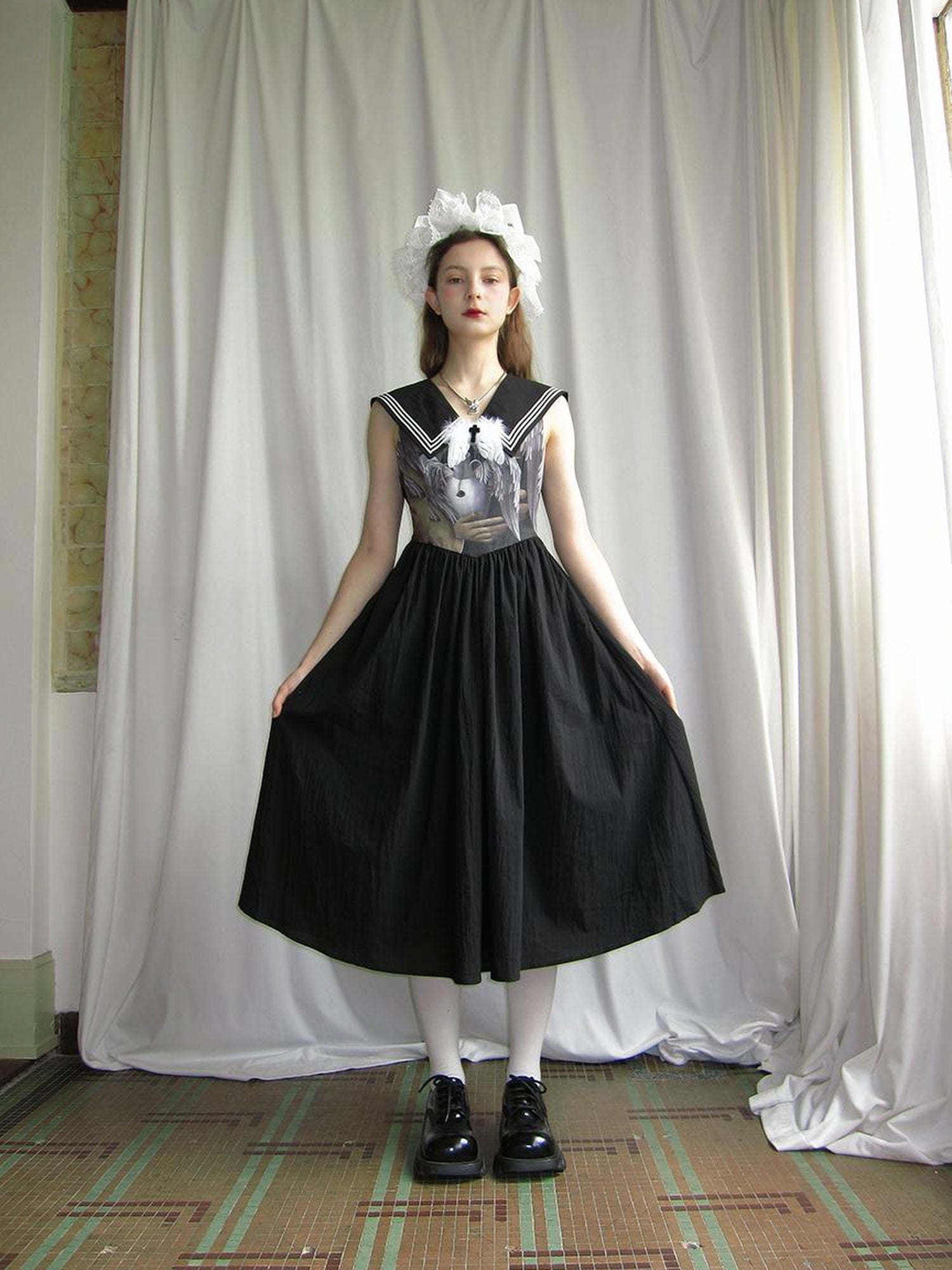 Daytoday Angel Tears Feather Cross Sleeveless V Neck Dress