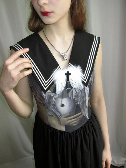 Angel Tears Feather Cross Sleeveless V Neck Dress