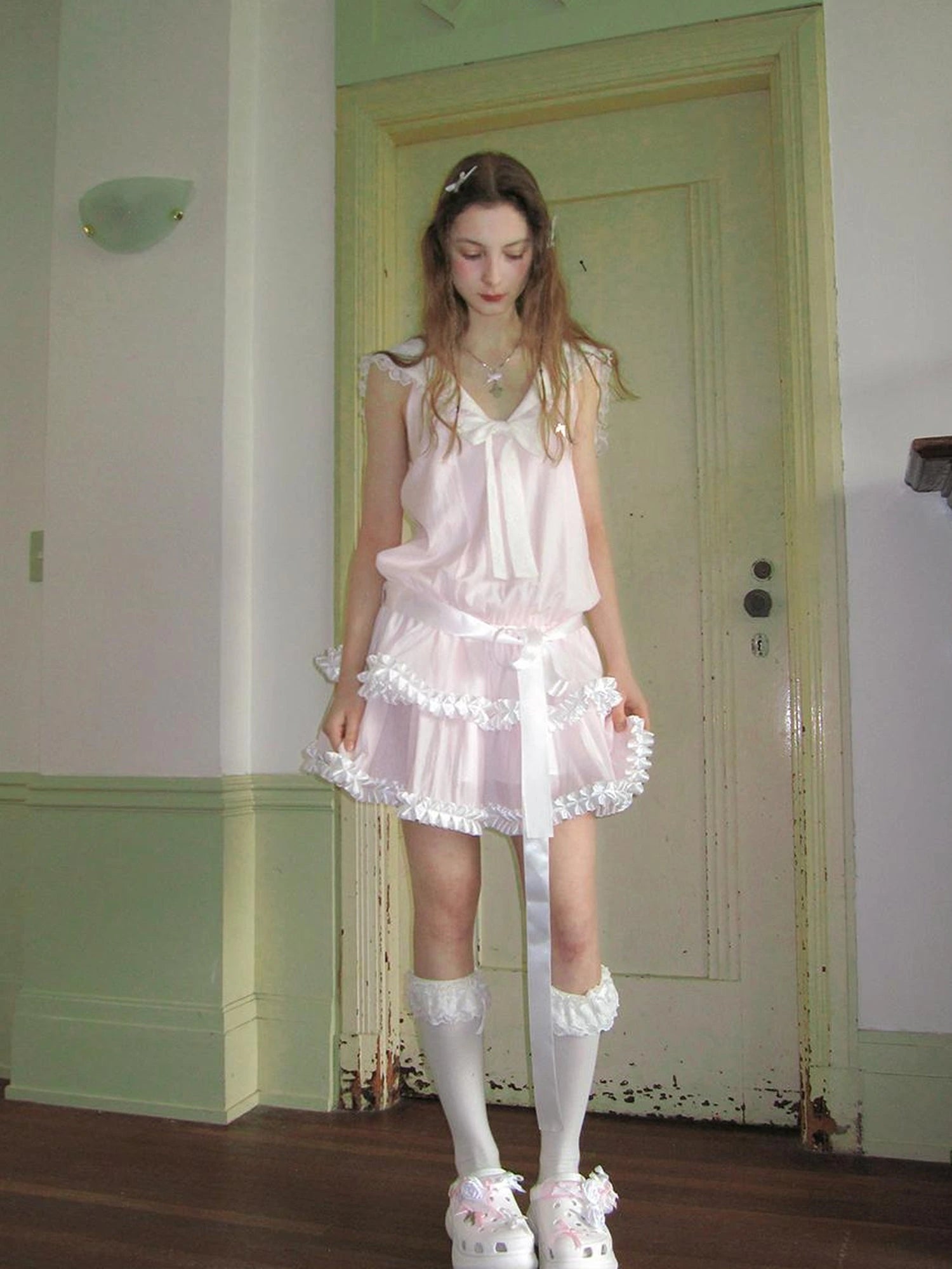 Angel Tears Pink Lace Bow Sailor Collar Sleeveless Low Waist Dress