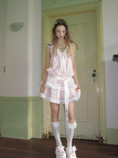 Angel Tears Pink Lace Bow Sailor Collar Sleeveless Low Waist Dress