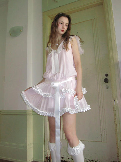 Angel Tears Pink Lace Bow Sailor Collar Sleeveless Low Waist Dress