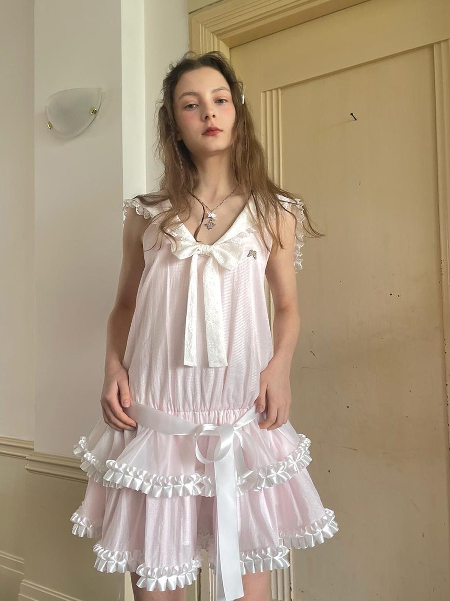 Daytoday Angel Tears Pink Lace Bow Sailor Collar Sleeveless Low Waist Dress