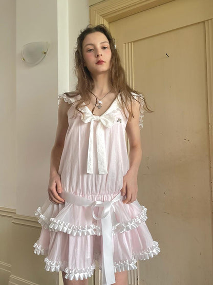 Daytoday Angel Tears Pink Lace Bow Sailor Collar Sleeveless Low Waist Dress