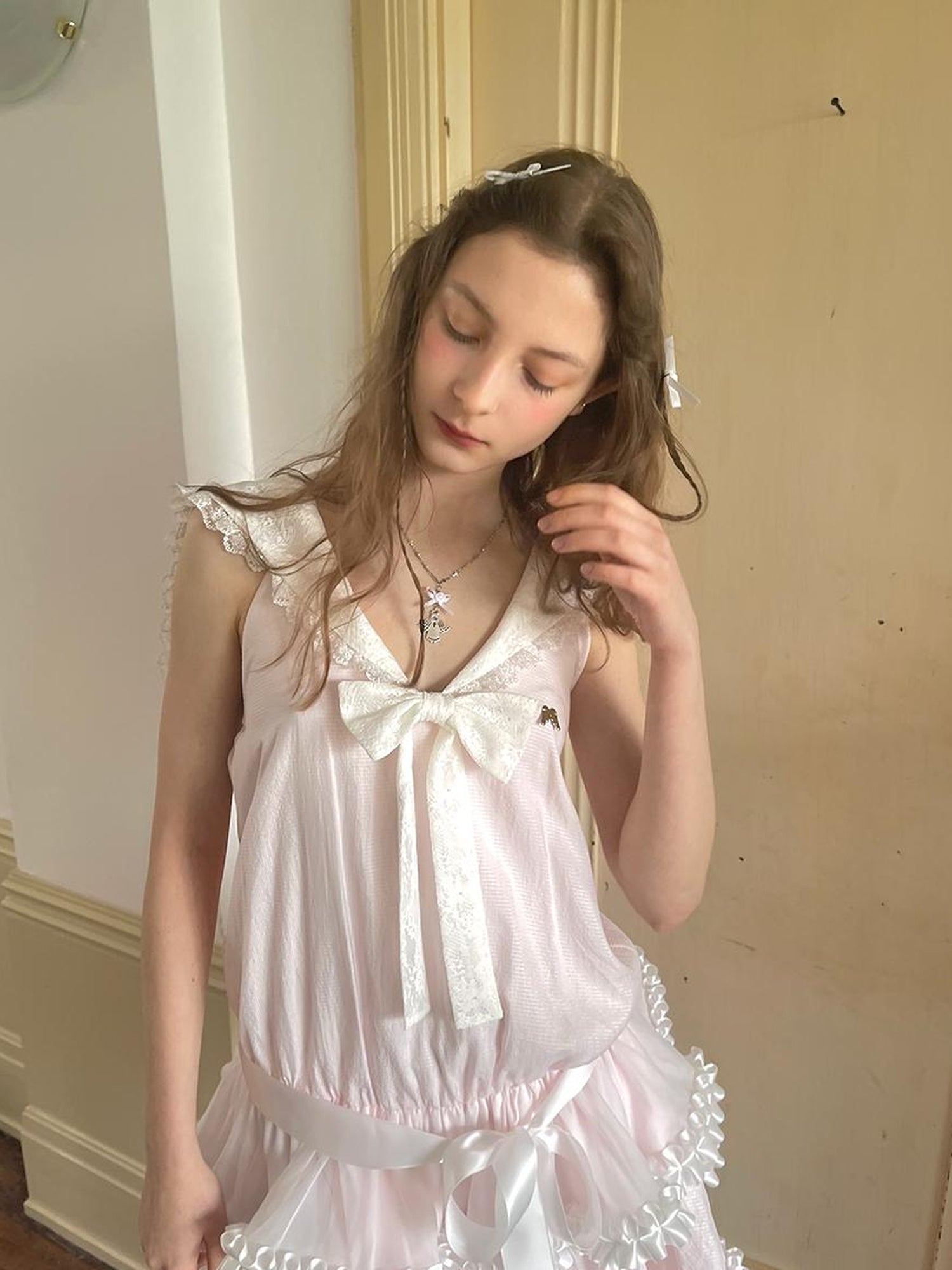 Daytoday Angel Tears Pink Lace Bow Sailor Collar Sleeveless Low Waist Dress