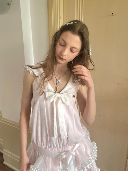 Daytoday Angel Tears Pink Lace Bow Sailor Collar Sleeveless Low Waist Dress