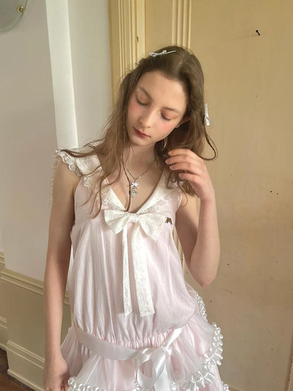 Angel Tears Pink Lace Bow Sailor Collar Sleeveless Low Waist Dress