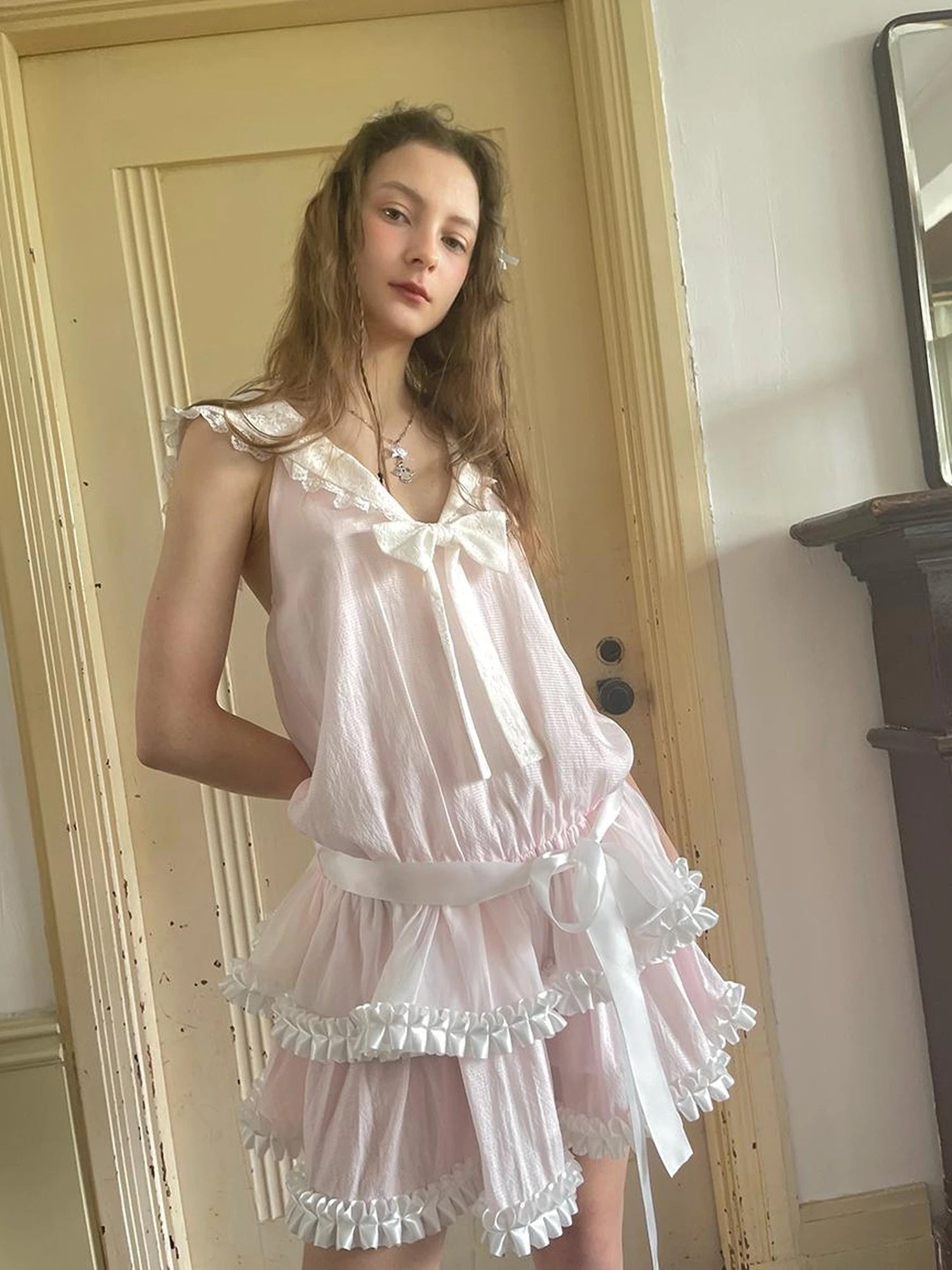 Angel Tears Pink Lace Bow Sailor Collar Sleeveless Low Waist Dress