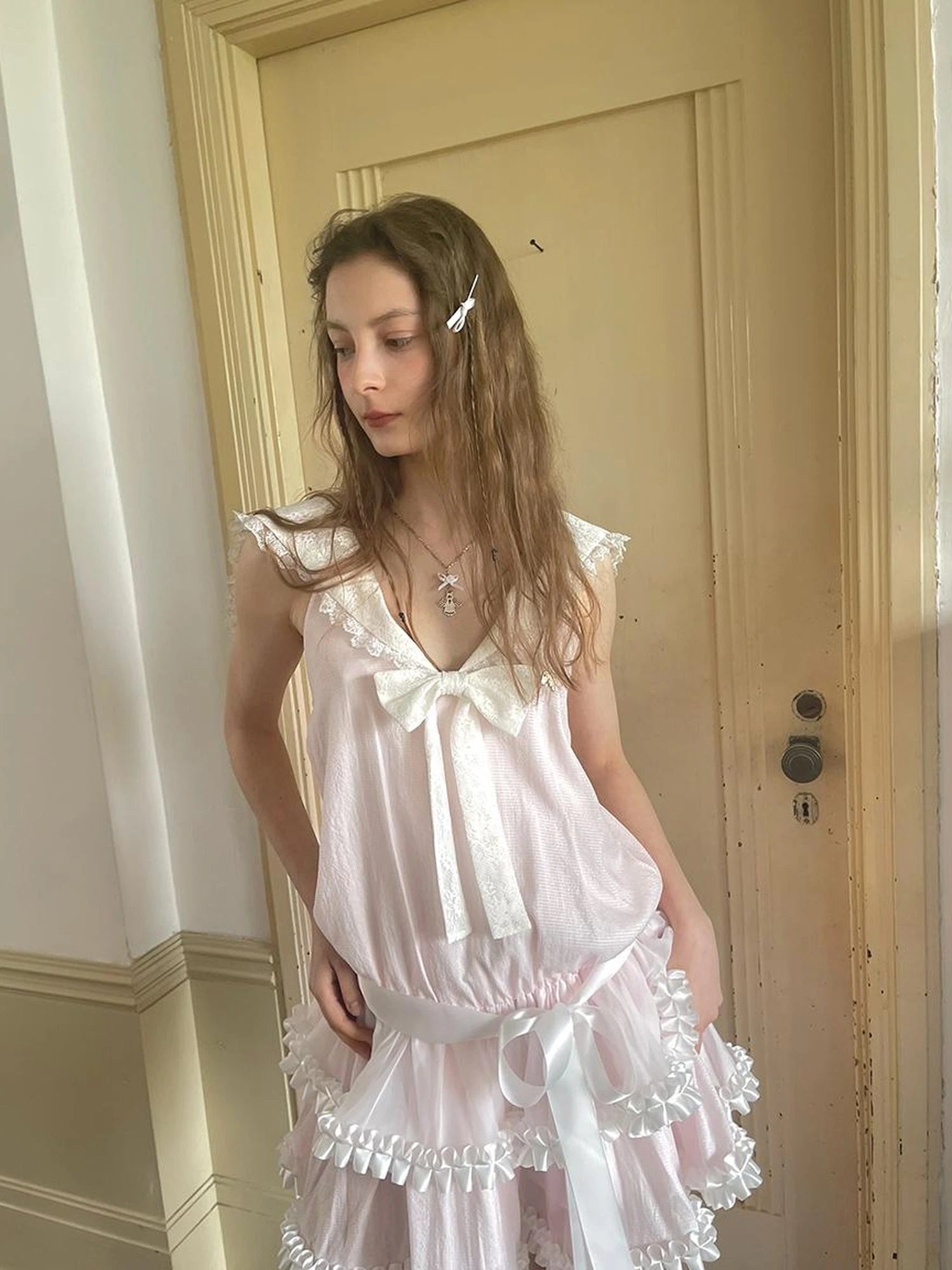 Angel Tears Pink Lace Bow Sailor Collar Sleeveless Low Waist Dress