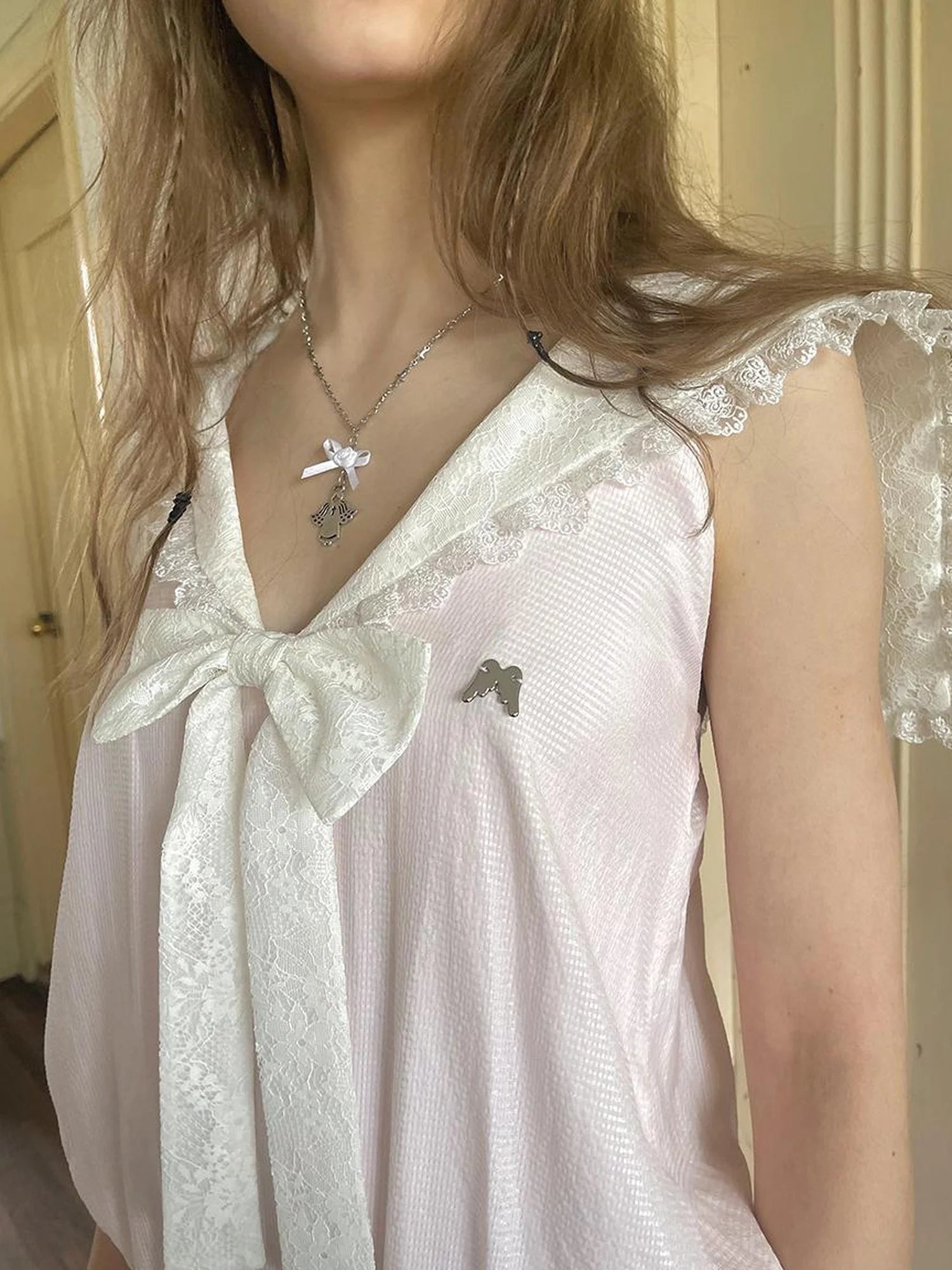 Angel Tears Pink Lace Bow Sailor Collar Sleeveless Low Waist Dress