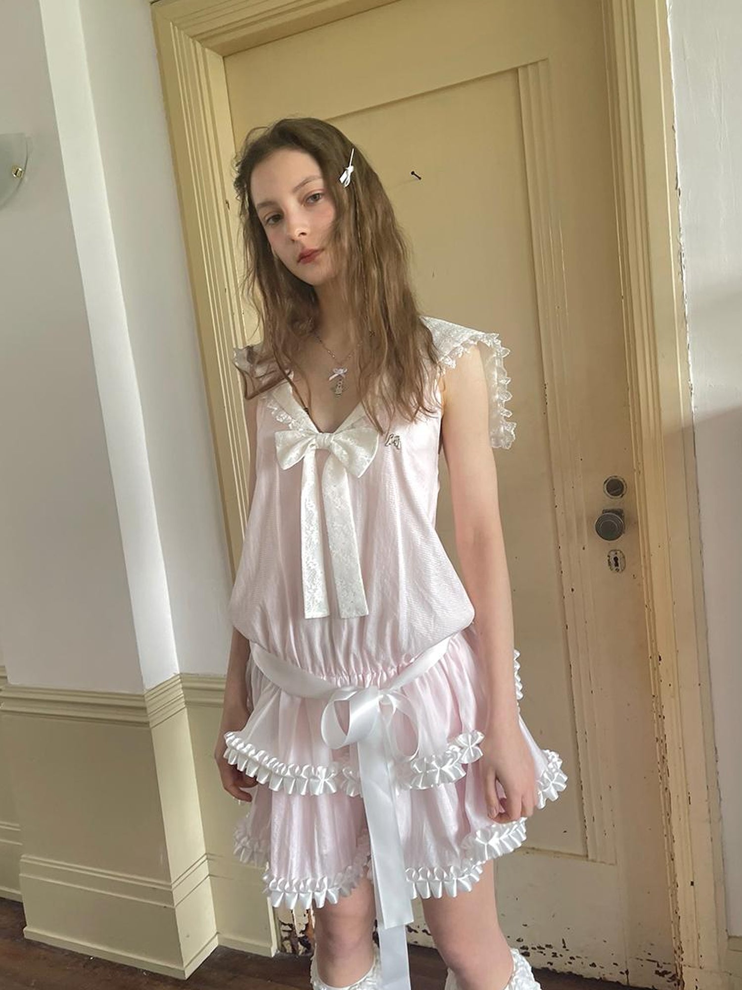 Daytoday Angel Tears Pink Lace Bow Sailor Collar Sleeveless Low Waist Dress