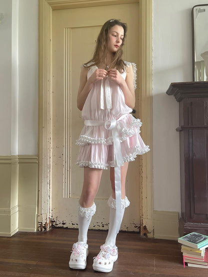 Daytoday Angel Tears Pink Lace Bow Sailor Collar Sleeveless Low Waist Dress