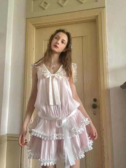 Angel Tears Pink Lace Bow Sailor Collar Sleeveless Low Waist Dress