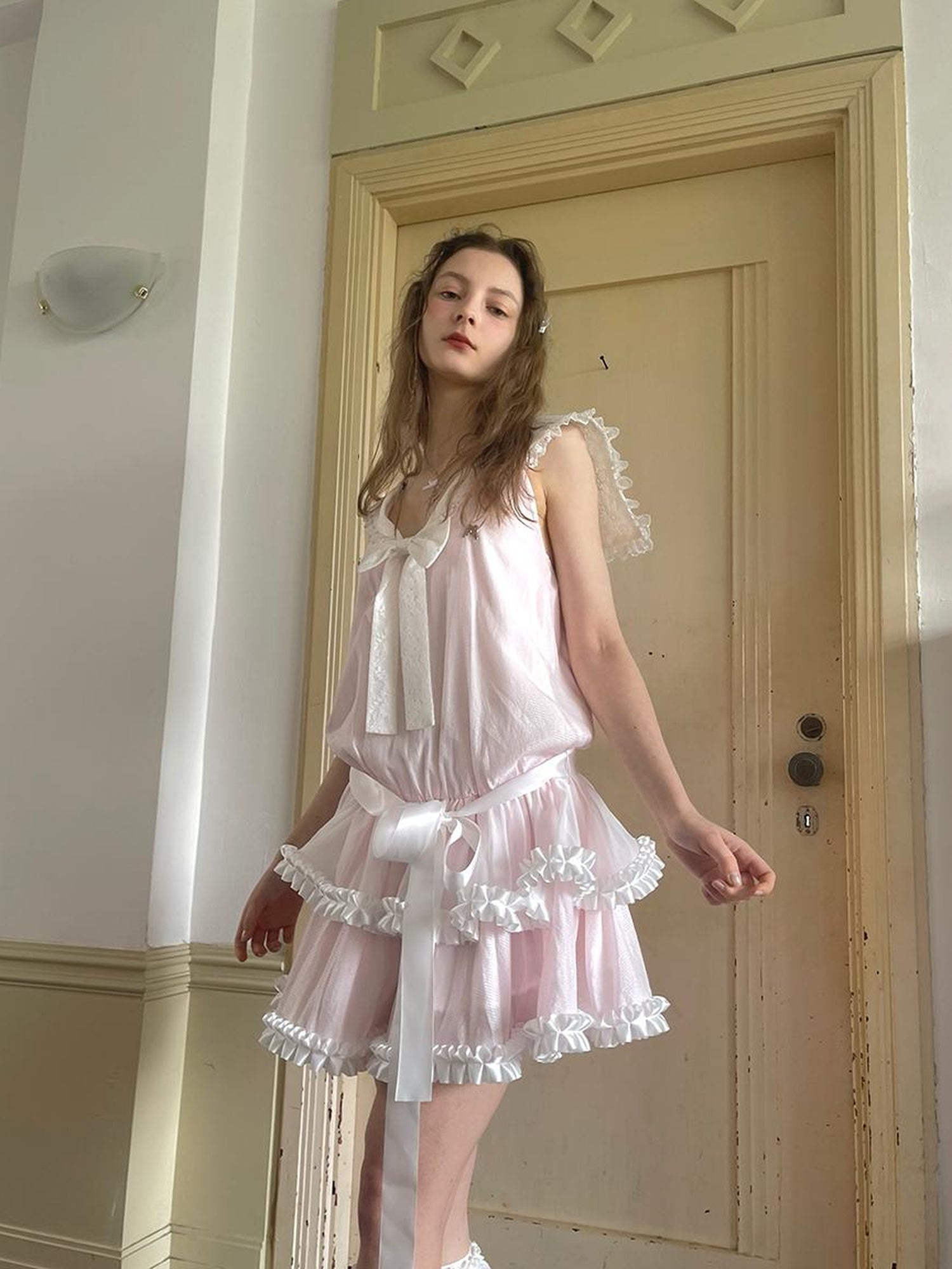 Daytoday Angel Tears Pink Lace Bow Sailor Collar Sleeveless Low Waist Dress