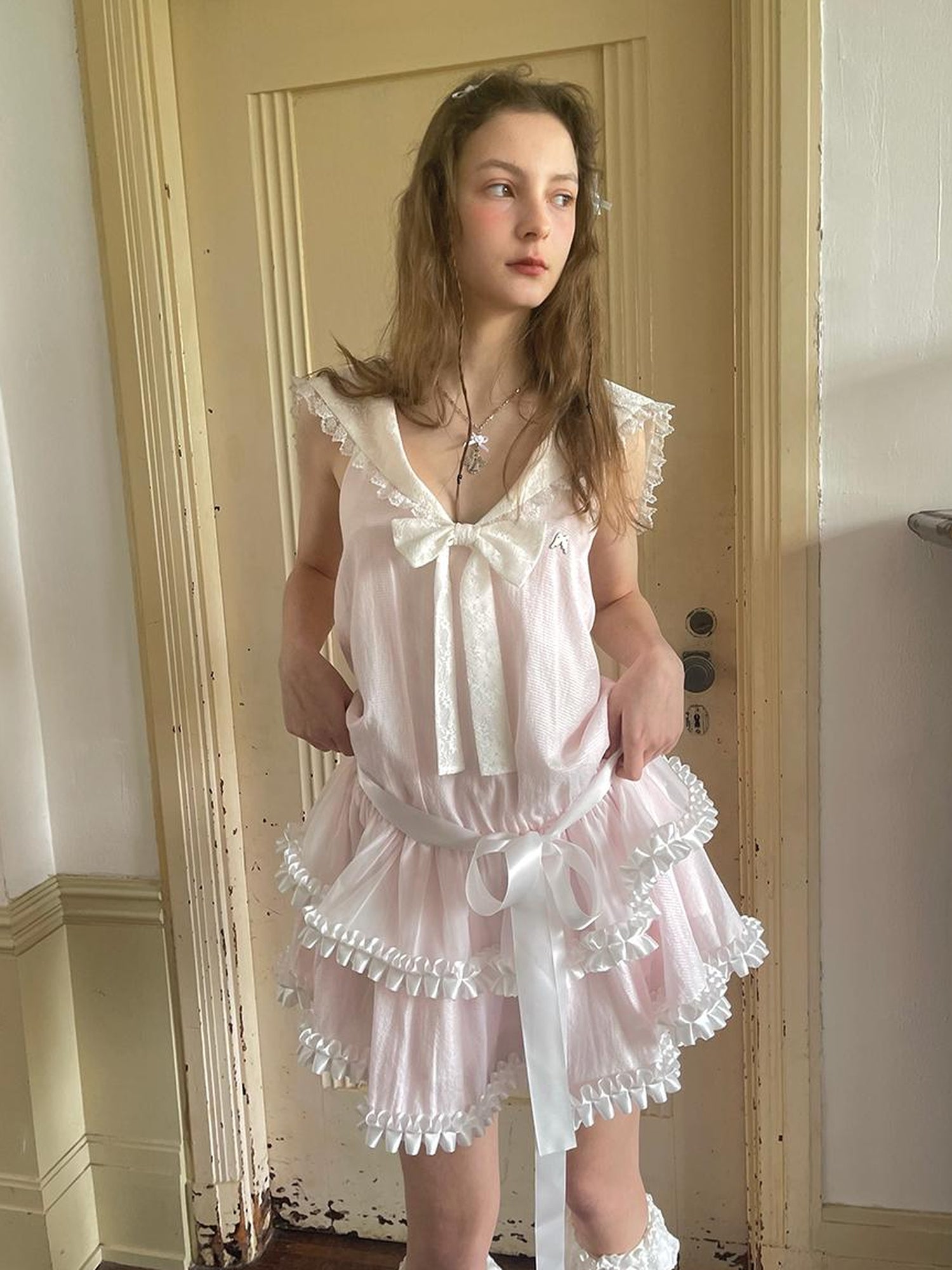 Daytoday Angel Tears Pink Lace Bow Sailor Collar Sleeveless Low Waist Dress