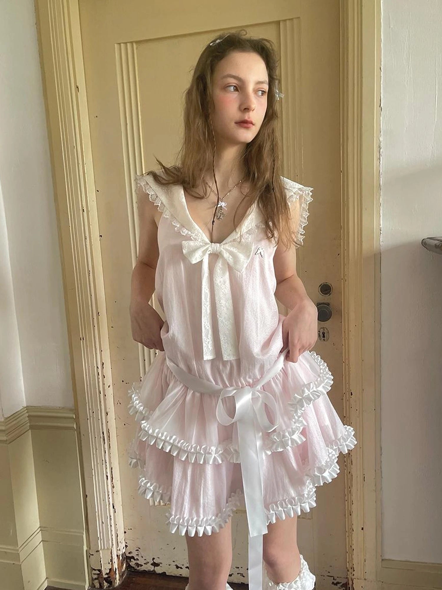 Angel Tears Pink Lace Bow Sailor Collar Sleeveless Low Waist Dress