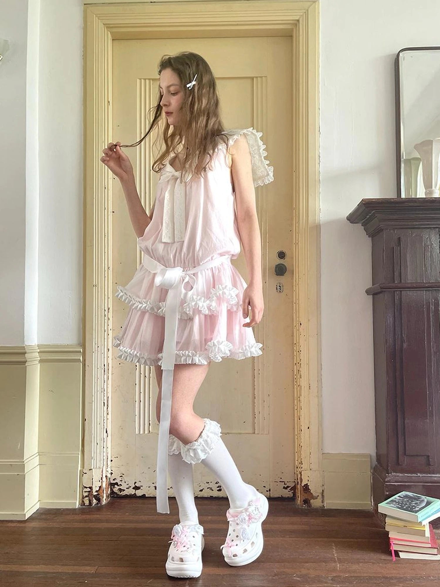 Angel Tears Pink Lace Bow Sailor Collar Sleeveless Low Waist Dress