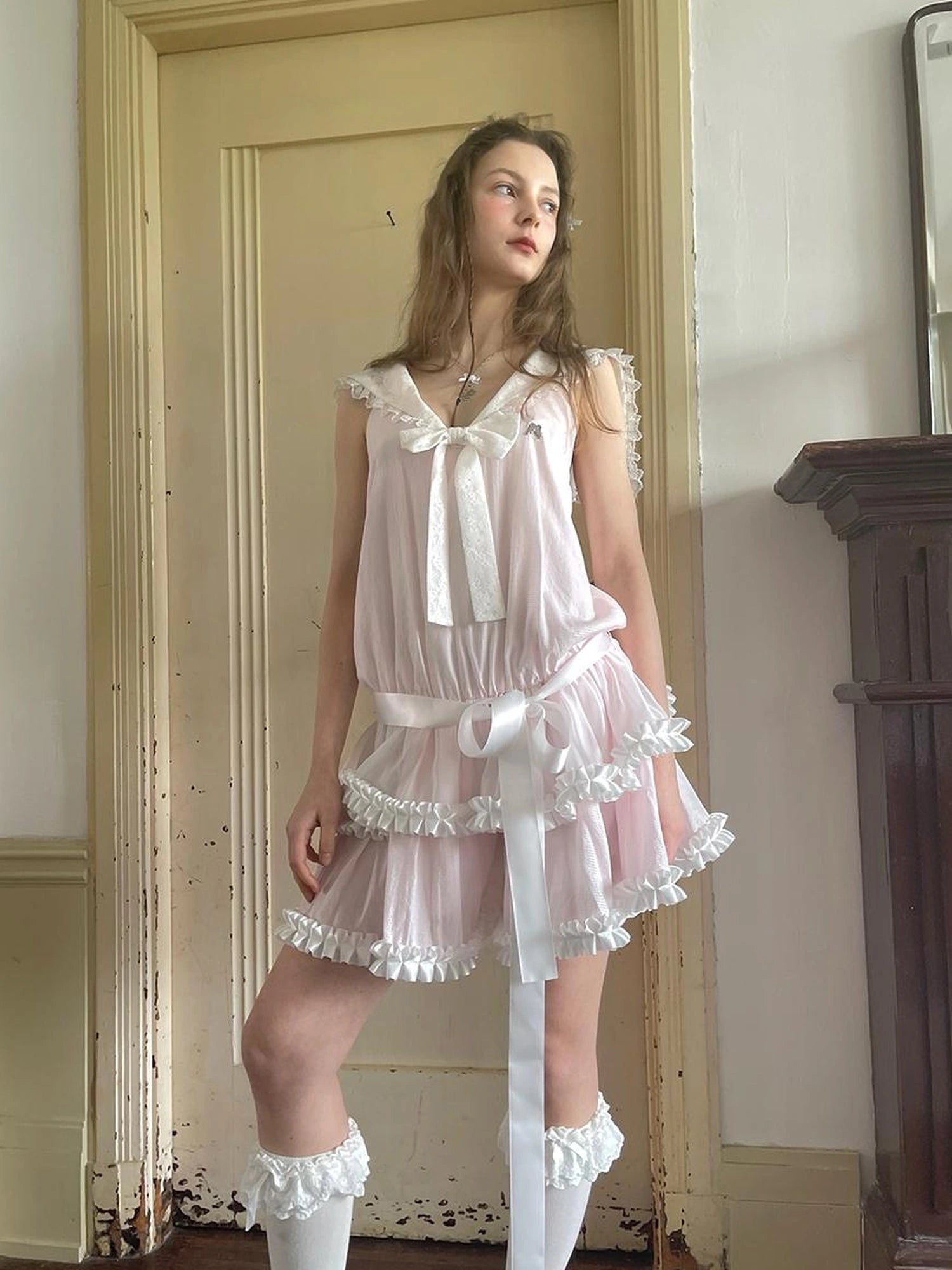 Angel Tears Pink Lace Bow Sailor Collar Sleeveless Low Waist Dress