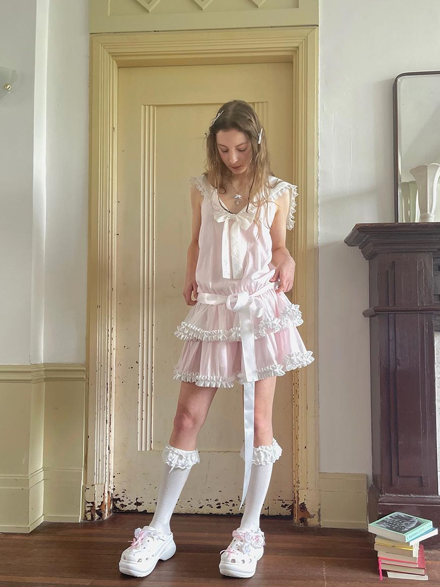 Daytoday Angel Tears Pink Lace Bow Sailor Collar Sleeveless Low Waist Dress