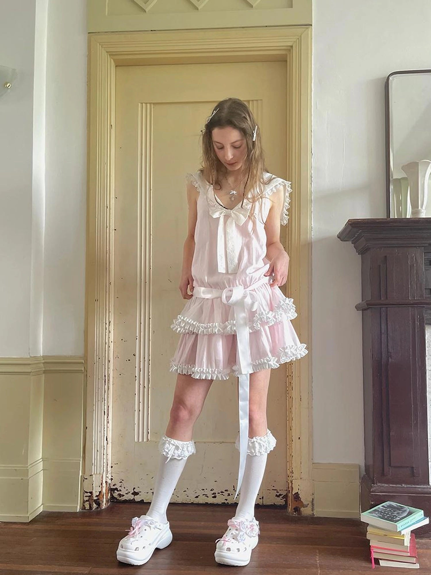 Angel Tears Pink Lace Bow Sailor Collar Sleeveless Low Waist Dress