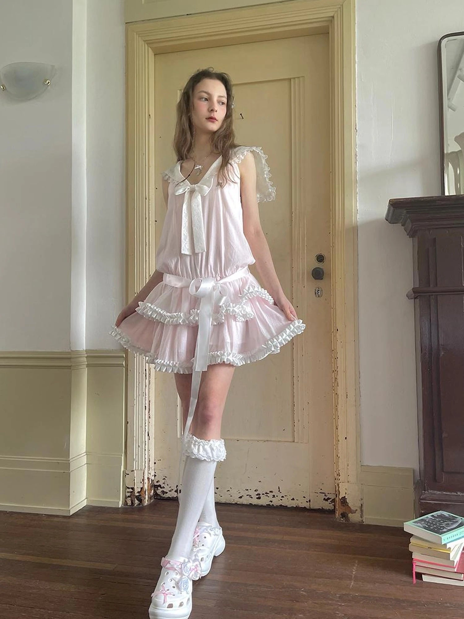 Angel Tears Pink Lace Bow Sailor Collar Sleeveless Low Waist Dress