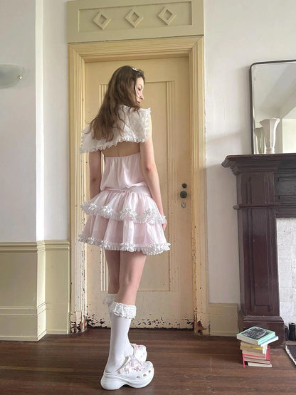 Angel Tears Pink Lace Bow Sailor Collar Sleeveless Low Waist Dress