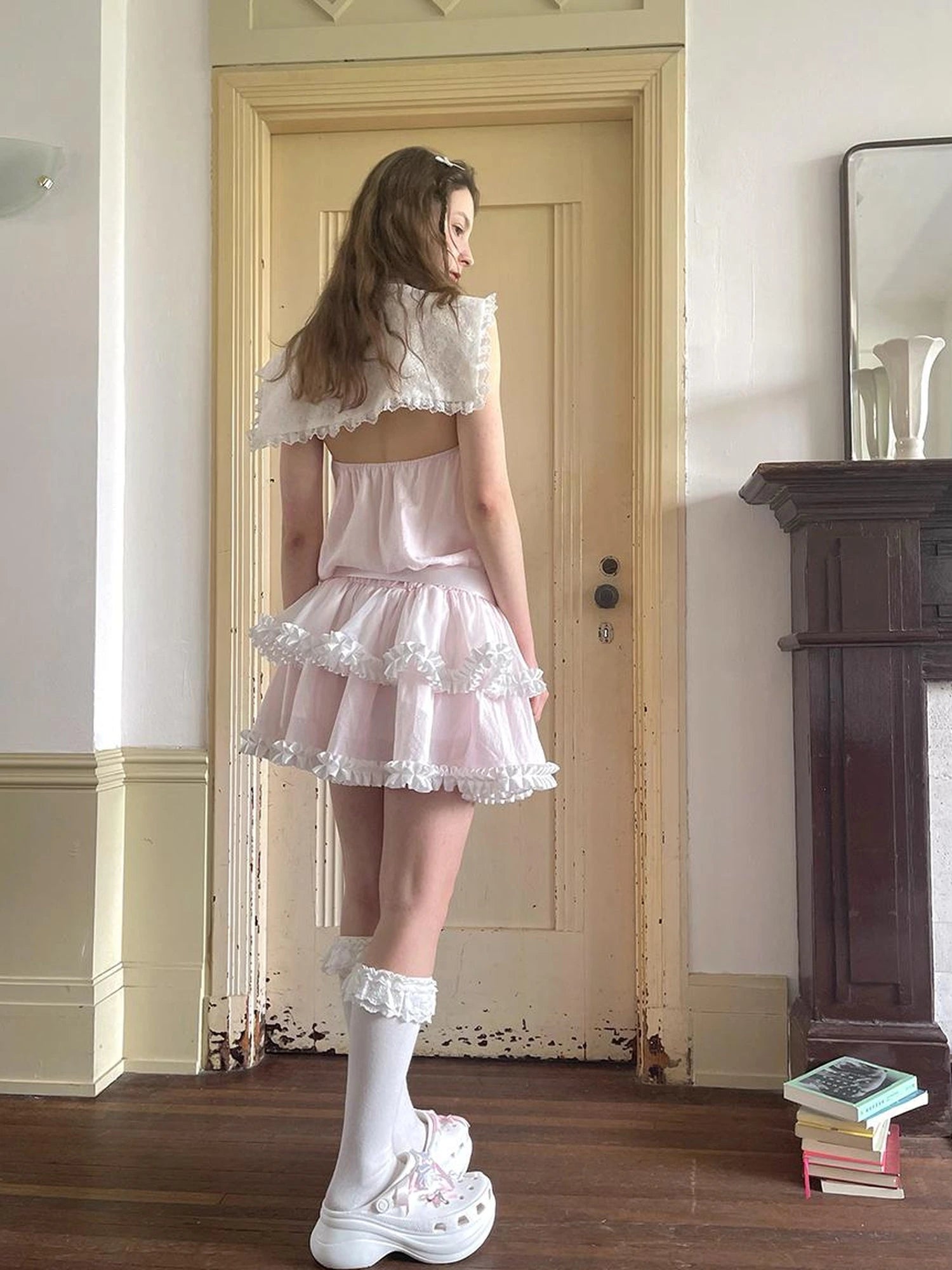 Angel Tears Pink Lace Bow Sailor Collar Sleeveless Low Waist Dress