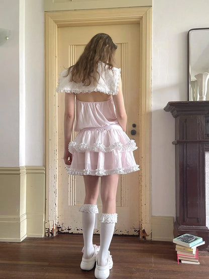 Angel Tears Pink Lace Bow Sailor Collar Sleeveless Low Waist Dress