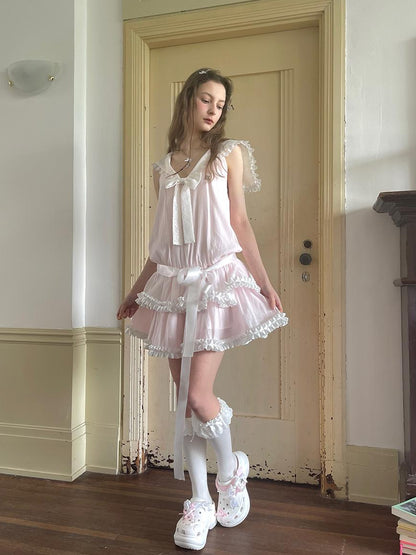 Daytoday Angel Tears Pink Lace Bow Sailor Collar Sleeveless Low Waist Dress
