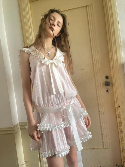 Angel Tears Pink Lace Bow Sailor Collar Sleeveless Low Waist Dress
