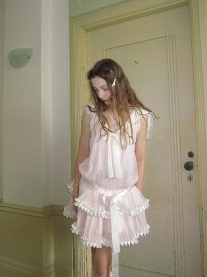 Angel Tears Pink Lace Bow Sailor Collar Sleeveless Low Waist Dress