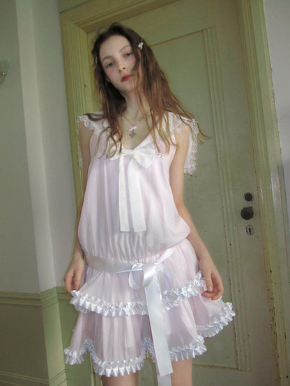 Daytoday Angel Tears Pink Lace Bow Sailor Collar Sleeveless Low Waist Dress
