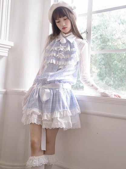 Daytoday Blue Check Lace Trim Low Waist Sleeveless V-neck Dress