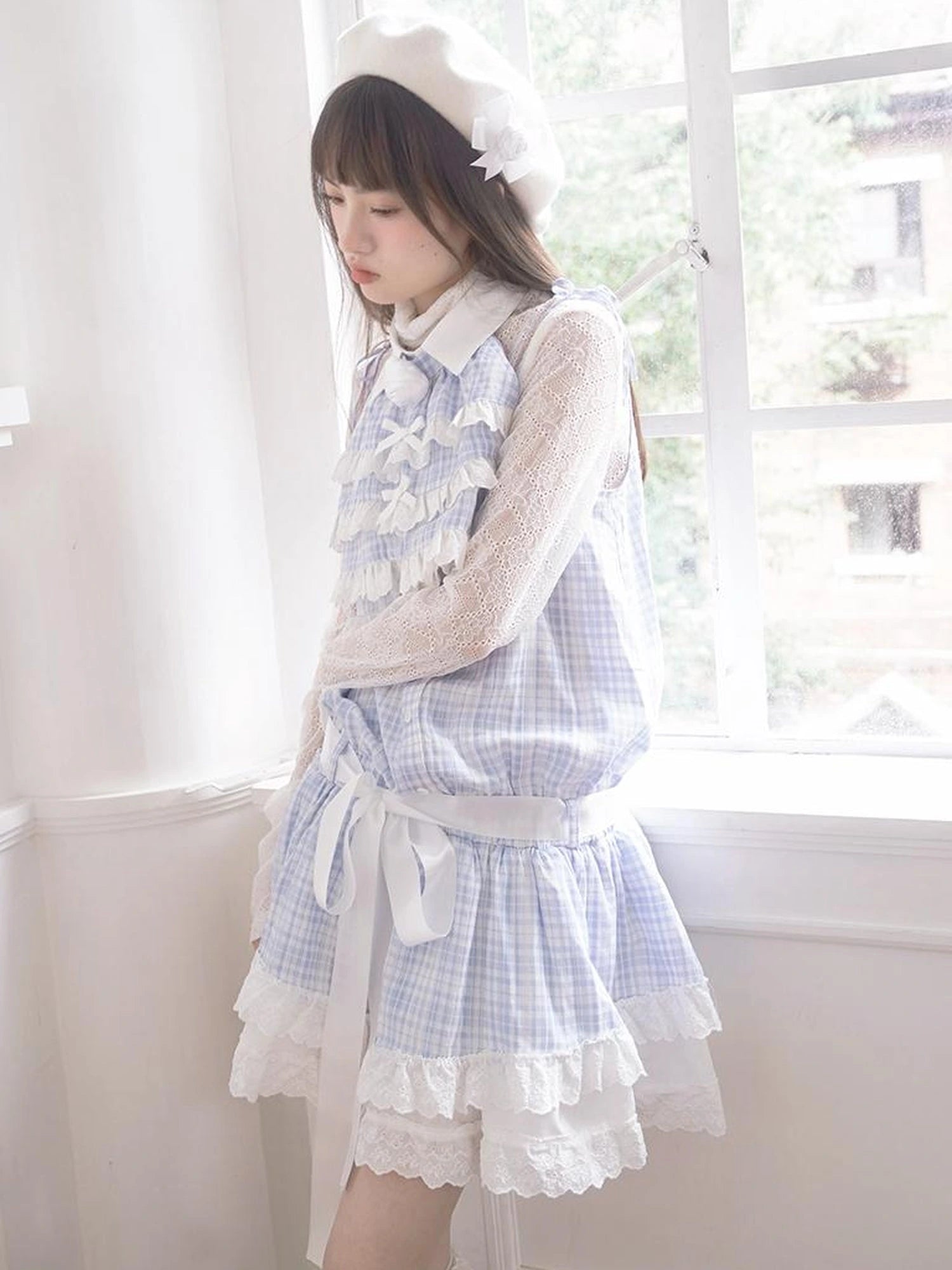 Blue Check Lace Trim Low Waist Sleeveless V-neck Dress