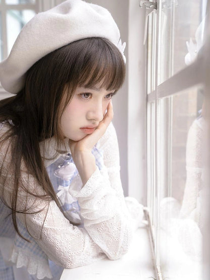 Blue Check Lace Trim Low Waist Sleeveless V-neck Dress